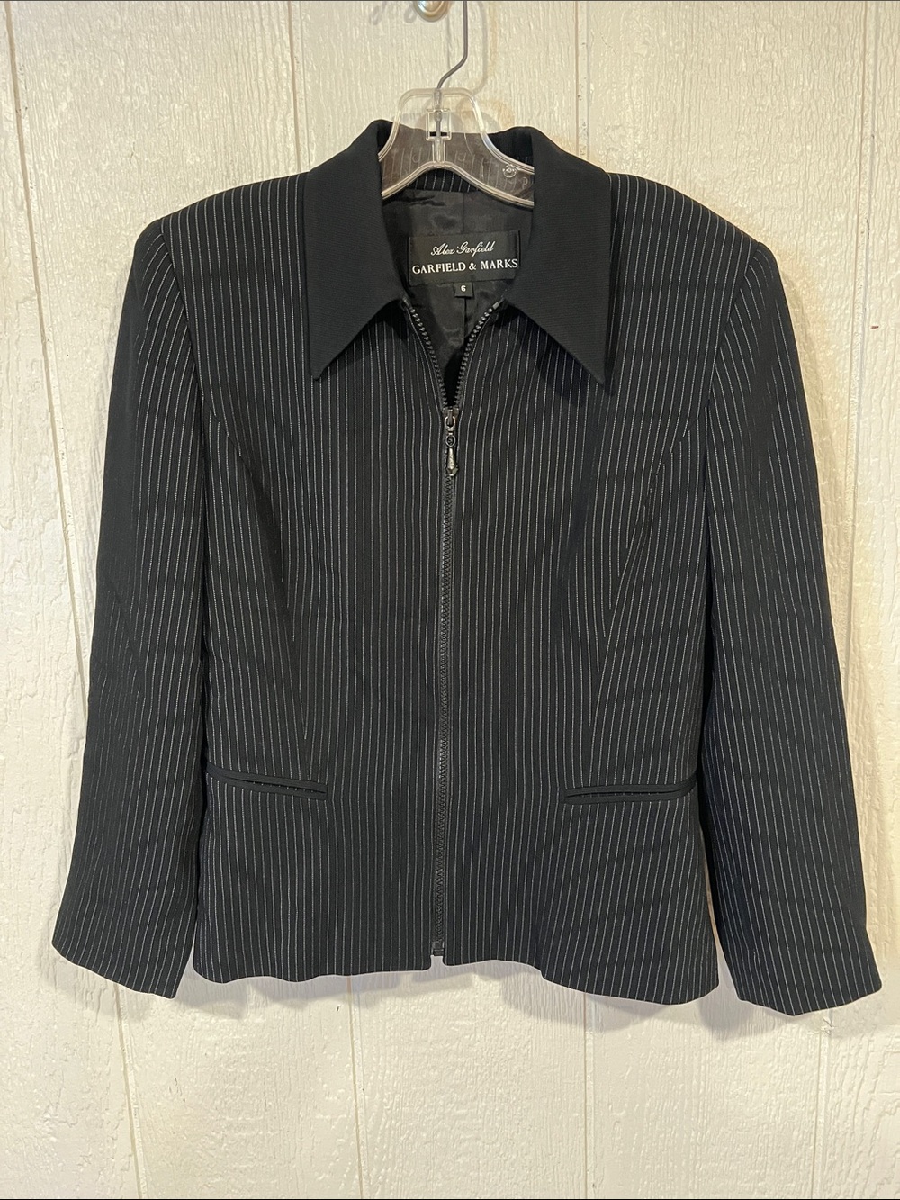 Garfield & Marks Women's Black Pinstripe Zip-Front Blazer